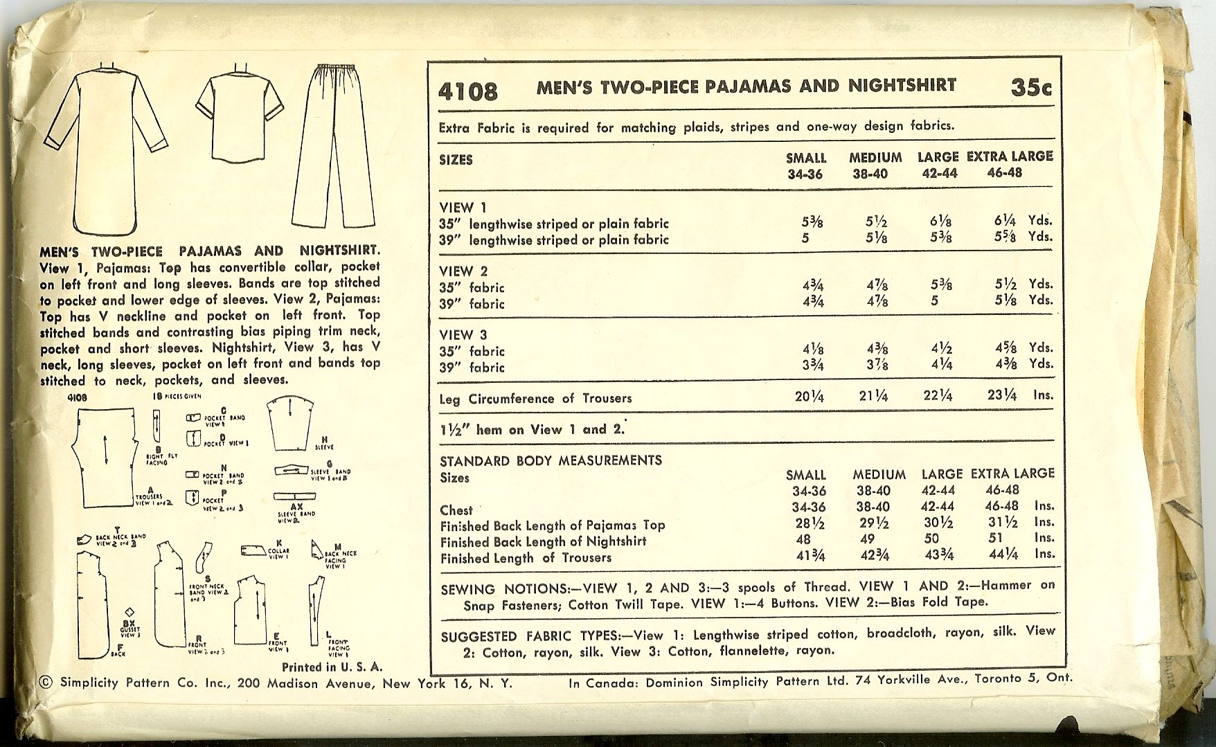 Simplicity 4108 Vintage 1950s Mens Pajamas and Nightshirt Sewing ...