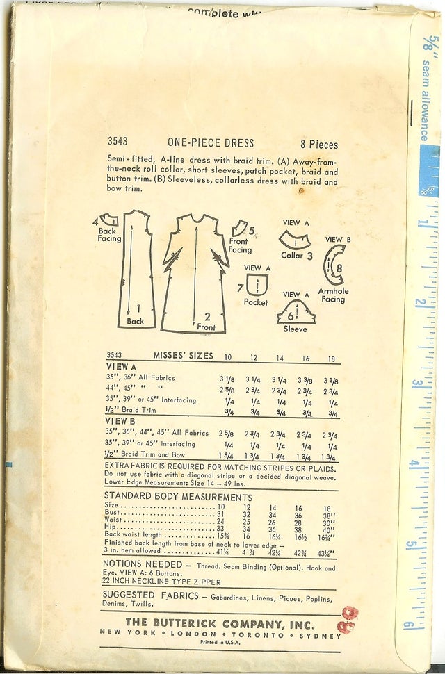 Butterick 3543 Vintage 1960s Mod A-Line Dress Sewing Pattern B34 Easy ...
